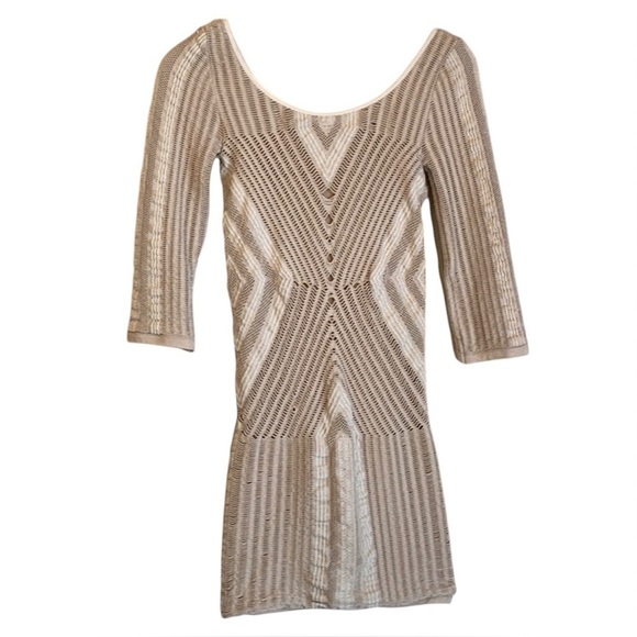 Bebe Bodycon Mini Dress Fitted Neutral Knit Crochet Open Weave Boho Clubwear XS - Picture 1 of 6